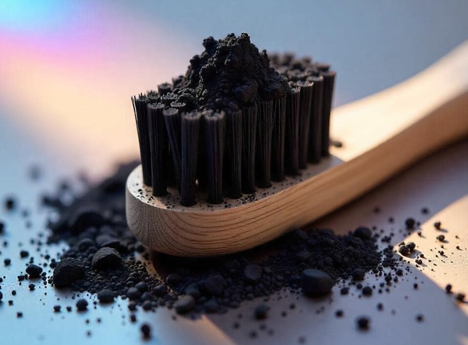 Charcoal teeth whitening dangers on toothbrush surface