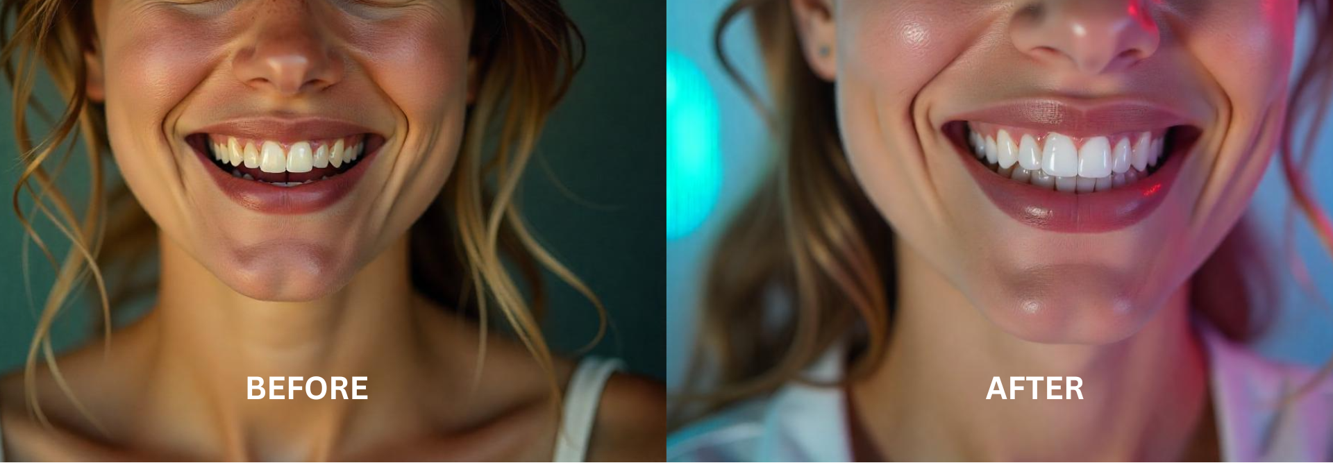 Before and after image showing how veneers improve smile and fix imperfections; and get over with veeners feel sensitive
