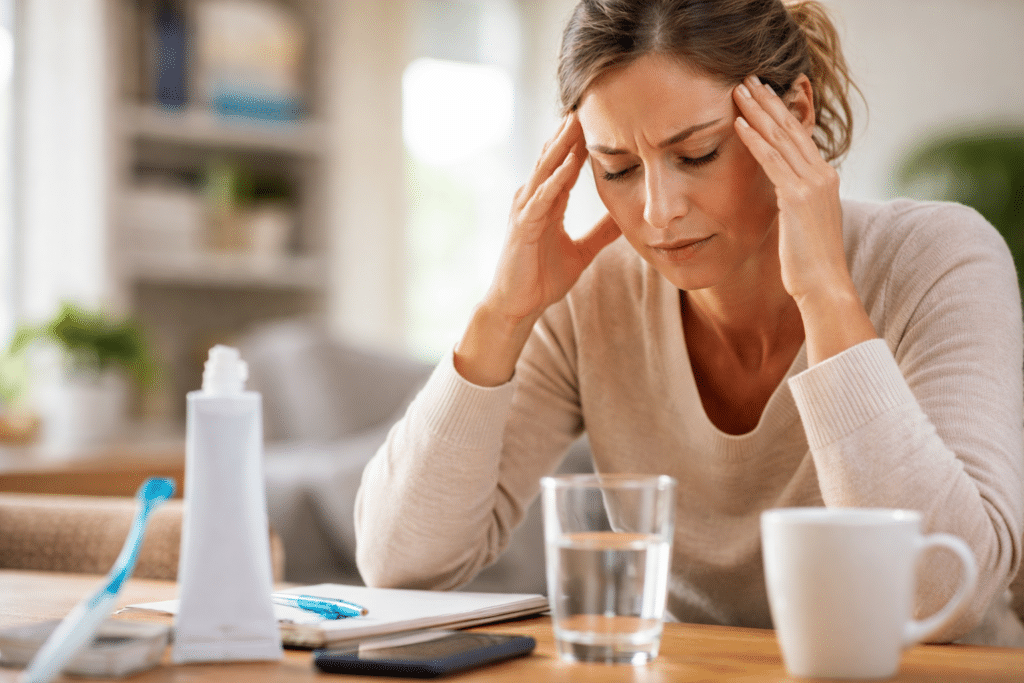 Woman sitting at a table with a subtle stressed on oral health and stress, toothbrush